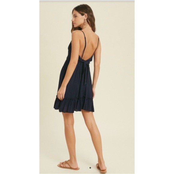 Short Halter Dress with‎ Smocked Middle and Tie Back by Wishlist - Navy Small - Picture 2 of 15